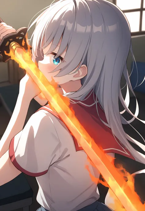 1girl,sincos, ningen mame, toosaka asagi,solo,medium breasts,school uniform,
flaming sword, holding sword, holding weapon,<lora:flamingsword_XL_v1:0.7>
fire, flaming weapon, glowing weapon, glowing sword, flame,
from behind, upper body, looking down, silver hair, aqua eyes,envy, music room, closed mouth, shiny hair,,
best quality, very aesthetic, absurdres