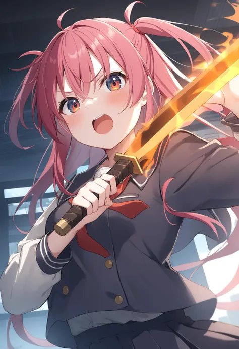 1girl,sincos, ningen mame, toosaka asagi,solo,medium breasts,school uniform,
flaming sword, holding sword, holding weapon,<lora:flamingsword_XL_v1:0.7>
fire, flaming weapon, glowing weapon, glowing sword, flame,
ceiling, upper body, looking at viewer, pink hair, orange eyes,envy, in cyberpunk city, open mouth, multi-tied hair,,
best quality, very aesthetic, absurdres