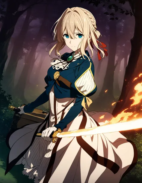 1girl, violet evergarden, violet evergarden \(series\), masterpiece, best quality, very aesthetic, absurdres, official art,
<lora:flamingsword_XL_v1:0.7>, flaming sword, holding sword, holding weapon, fire, flaming weapon, glowing weapon, glowing sword, flame, holding trunk case, forest, night,
medium breasts,