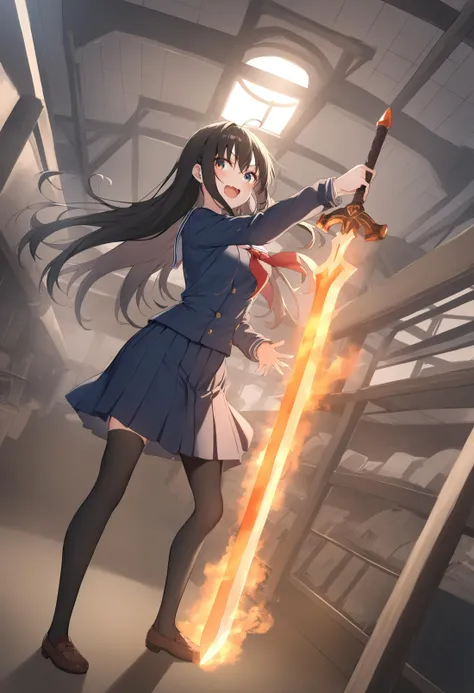 1girl,sincos, ningen mame, toosaka asagi,solo,medium breasts,school uniform,
flaming sword, holding sword, holding weapon,<lora:flamingsword_XL_v1:0.7>
fire, flaming weapon, glowing weapon, glowing sword, flame,
ceiling, full body, looking to the side, black hair, orange eyes,laugh, bridge, open mouth, braid hair,,
best quality, very aesthetic, absurdres