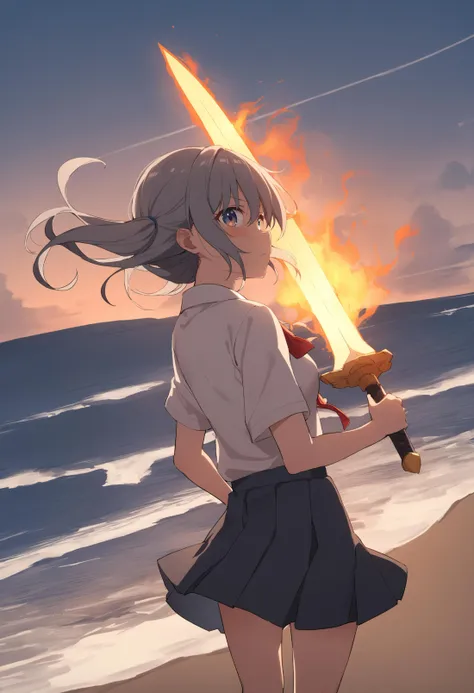 1girl,sincos, ningen mame, toosaka asagi,solo,medium breasts,school uniform,
flaming sword, holding sword, holding weapon,<lora:flamingsword_XL_v1:0.7>
fire, flaming weapon, glowing weapon, glowing sword, flame,
from behind, panorama shot, looking up, gray hair, brown eyes,evil, seaside, closed mouth, tired hair,,
best quality, very aesthetic, absurdres