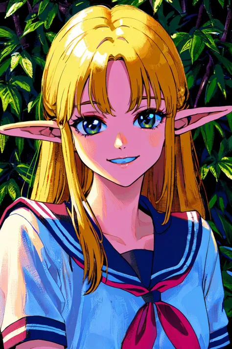 (best quality, masterpiece, RAW photo,ultra-detailed:1.2), <lyco:GoodHands-beta2:1.0>,1girl,solo,looking at viewer, smile,<lyco:1990's_PC:0.6> elf,serafuku