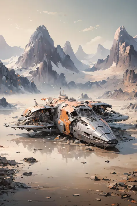 a painting of a spaceship in a desert with mountains in the background