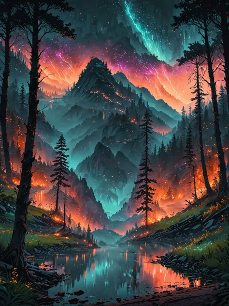 night, dark, synthwave, fireflies, curved trees, green fog, bokeh, complex background, intricate details, teal and orange,
dirt, intricate detail, Suthin tones,
mountain slopes,
hyperdetailed, water, reflections, muted colors,