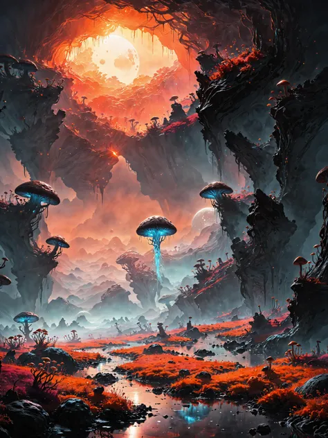 alien wall, strange wall, miasmas, disputes, finger, mycelium, disputes, mushrooms, metallic luster, glass, metal, reflections, [lava,ice:0.5], bright glare, best quality, high resolution, detailed shadows, hyperdetailed, fog on the background, horizon, clouds, landscape, fantastical, intricate detail, (gigantism:1.3), contour_deepening, depth of field, colorful, futurism, background light, light leaks, planet on the background, misty god-rays, against backlight at dusk, intense shadows, strong rim light,