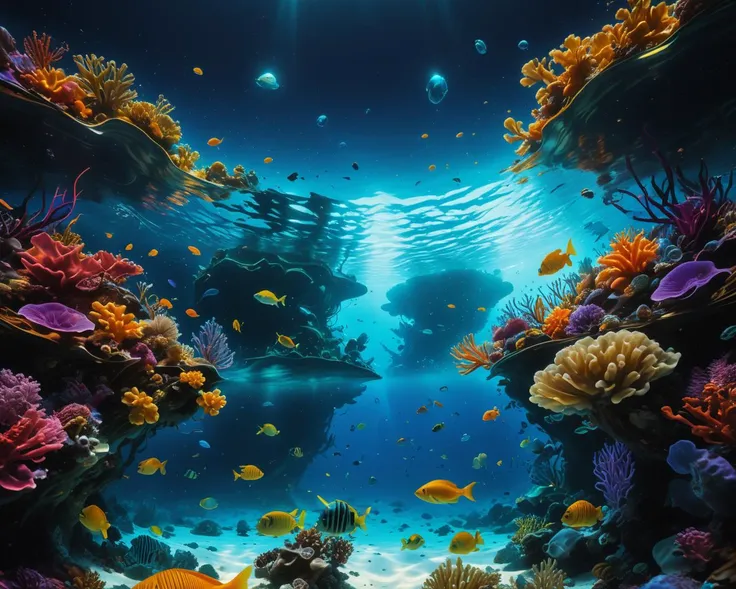 high res, RAW, GoPro Image of underwater tropical sea at blue hour, lots of bioluminescent fishs, 8k, HDR, vibrant colors, sharp, high rez, high resolution, curvature of the earths horizon, raytraced lighting and reflection, inspired by Chris Roger and Jake Rich, trending on instagram, <lora:SDXLFaeTastic2400:0.9>
