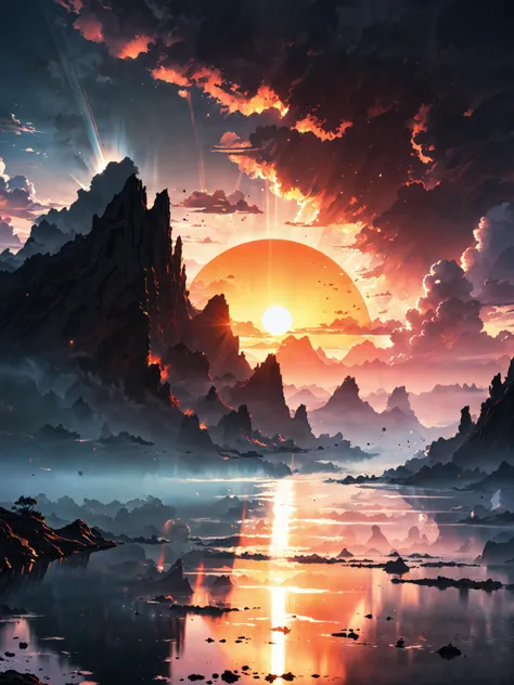 (vertical line:1.5), sky, (metallic luster:1.3), (glass:1.3), (metal:1.3), (reflections:1.5), bright glare, best quality, high resolution, detailed shadows, hyperdetailed, blurred background, fog on the background, horizon, (clouds:2), landscape, fantastical, intricate detail, (lineart:1.5), (gigantism:1.5), bokeh, contour_deepening, depth of field, absurdres, colorful, futurism, background light, light leaks, planet on the background, (lava:0.5), (misty god-rays:1.5), against backlight at dusk, intense shadows, strong rim light,
