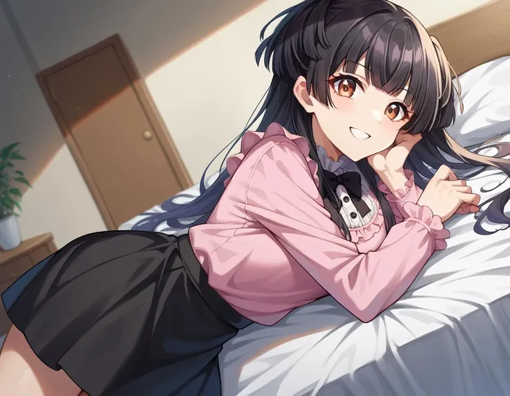 score_9, score_8_up, score_7_up, source_anime,
fuyukomayuzumi, <lora:fuyuko-mayuzumi-ponyxl-lora-nochekaiser:1>,
fuyuko mayuzumi, black hair, brown eyes, long hair, two side up, smile,
black bow, black bowtie, black ribbon, black skirt, bow, bowtie, frilled shirt, frills, jirai kei, long sleeves, neck ribbon, pink shirt, ribbon, shirt, skirt, white shirt,
indoors, bed, bed room, on side,
looking at viewer, dutch angle, cowboy shot,