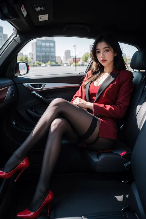 1girl,in the car interior,(red and black office suit:1.3),full body,lying on the chair,high heels,soft light,in the dark <lora:koreanDollLikeness:0.1> , <lora:MixedLatina LORA:0.3> , <lora:40D_vertical_stripe_white_pantyhose:0.8> black pantyhose, <lora:LowRA:1:NONE>