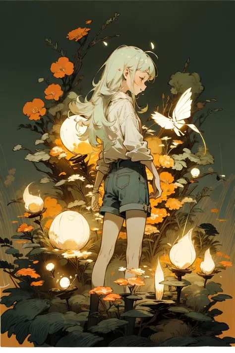 girl 1girl, forest spirit, Stream, Moss, small pebble, Forest, shorts, Happy , Wisps, fireflies, night, flower field, <lora:photography_20230921230230:0.5> <lora:Chromatic_Taleweaver:0.25> Chromatic_Taleweaver <lora:loahrenrustyle_noise:0.5> PASTLIGHT  <lora:EF-Painted_poster_V1:0.75> Painted poster<lora:EF-GoodHands-beta2:0.5><lora:EF-GoodHands-beta2:0.5>