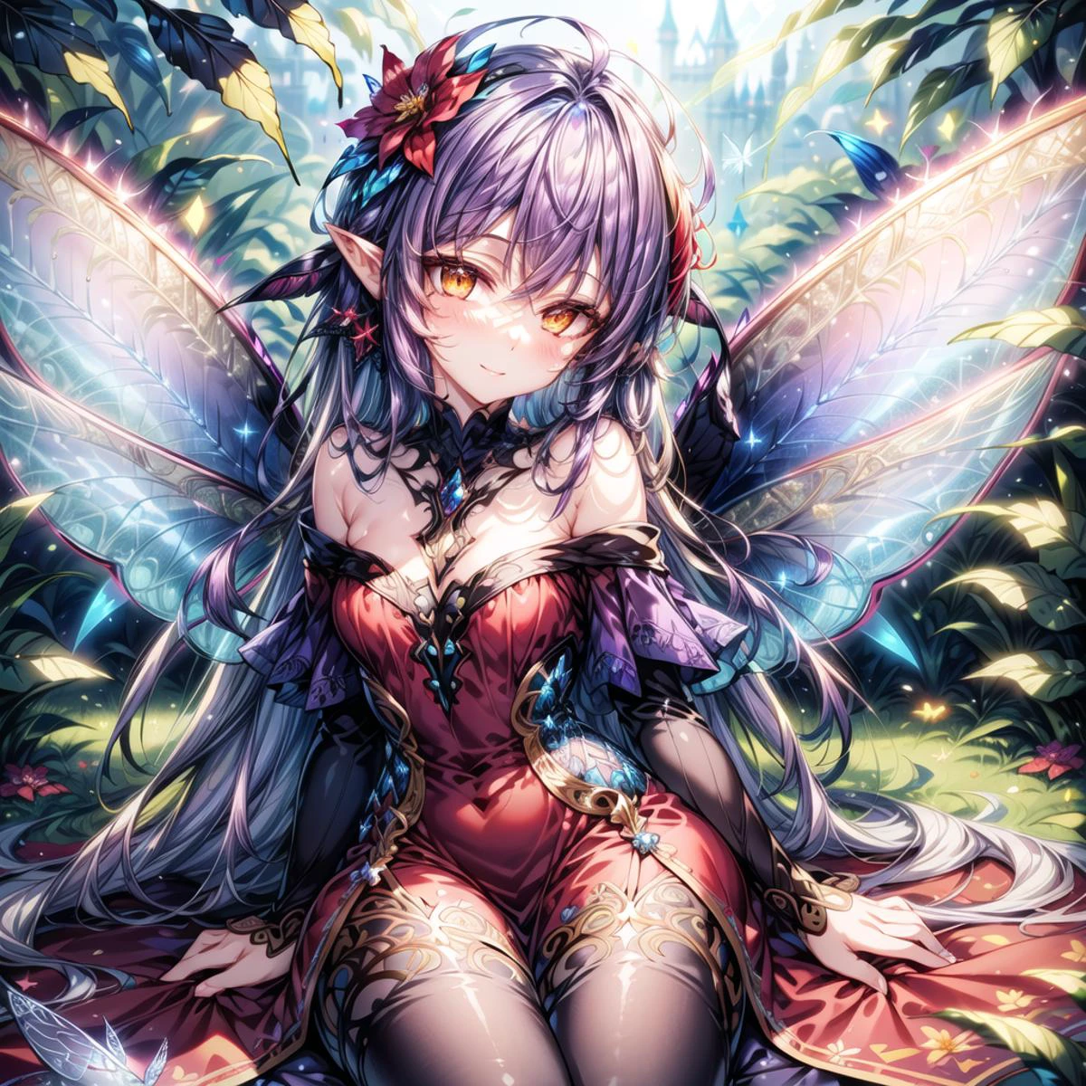 (detailed, finely detailed, beautiful detailed, ultra detailed, intricate details), 1girl, yellow eyes, (purple hair:1.4), long hair, outdoors, hair flower, pantyhose, flower, (blue fairy wings:1.5), pointy ears, <lora:FaeConceptV2:0.6>, <lora:add_detail:1>, (red dress:1.4) (off-shoulder dress:1.4), light smile, small breasts, looking at viewer, closed mouth,