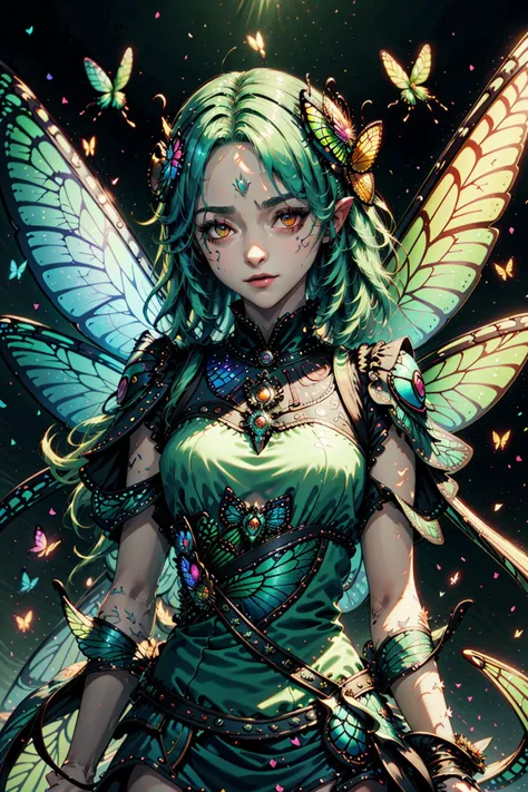 A young female guardian named Lina. She is petite with bright green hair, large eyes, and butterfly-like wings on her back. Lina is lively and vibrant. She holds a small magic wand and is surrounded by dancing particles of light :: --auto --s2