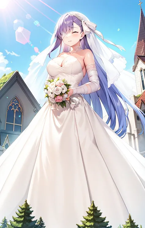 1girl, dress, wedding dress, bandaged arm, solo, white dress, closed eyes, bandage over one eye, veil, bridal veil, sky, bandaged head, blue sky, day, lens flare, sun, church, moss, building, outdoors, bride, cleavage
<lora:FGOKingproteav1:0.8>