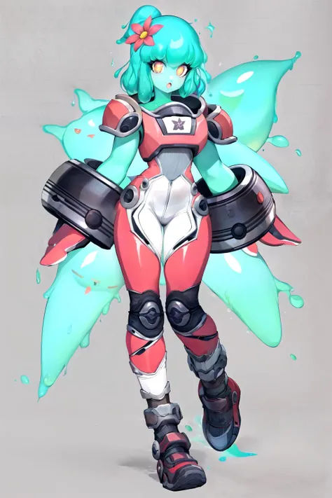Masterpiece, best quality, <lora:junoslime-20:1> junoslime, 1girl, full body, bodysuit, armor, flower, hair flower, shoulder pads, gloves, bracelet, :o, open mouth, looking at viewer, thick thighs, knee pads, boots
