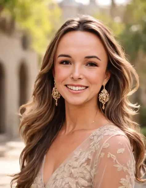 A pierson captured the radiant beauty of a woman adorned with an elegant outfit, basking in the luscious surroundings of her favorite location while wearing sophisticated earrings, displaying her long hair, enchanting brown eyes and warm smile as she looked at the viewer, captivating their hearts through every frame. <lora:rroizy18e96d9c6f3t58a:1>