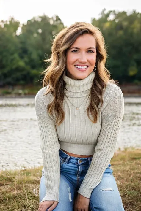 (((Close up head portrait))), ((Wearing a turtleneck sweater)) and ((very distressed jeans)), ((Professional Photo Shoot)), ((in the country next to a river)), ((Sitting on the grass with legs crossed)), ((smiling)), model shoot style, extremely intricate, High Detail, Sharp focus, dramatic, soft cinematic light, (looking at viewer), (Real Eyes), (Detailed Eye Corneas), (detailed pupils), smiling, 24mm, photo lab, elegant, insane details, hyperdetailed, low contrast, epiCRealism, (((SFW))) <lora:RileyW:0.85> riley