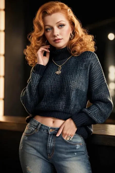 l3c0b3o ((Wearing a sweater and distressed jeans)), ((at a night club)), model shoot style, extremely intricate, High Detail, Sharp focus, dramatic, soft cinematic light, (looking at viewer), (Real Eyes), (Detailed Eye Corneas) (detailed pupils), smiling, 24mm, photo lab, elegant, insane details, hyperdetailed, low contrast, epiCRealism, (((Safe For Work)))