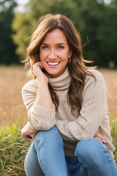 <m1lc3s3>,   1girl, upper body, nature, outdoor, Colorful flowers, undergrowth, warm light, sunset, breast, smile, intricate, (detailed eyes), Jeans, shirt, turtleneck, Short hair