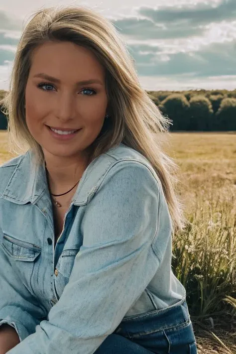 (((Close up head portrait))), ((Wearing a sweater)) and ((very distressed jeans)), ((Professional Photo Shoot)), ((in the country next to a river)), ((Sitting on the grass with legs crossed)), smiling, model shoot style, extremely intricate, High Detail, Sharp focus, dramatic, soft cinematic light, (looking at viewer), (Real Eyes), (Detailed Eye Corneas) (detailed pupils), smiling, 24mm, photo lab, elegant, insane details, hyperdetailed, low contrast, epiCRealism, (((SFW))) <lora:Kennedy_Thames:0.85> kennedy