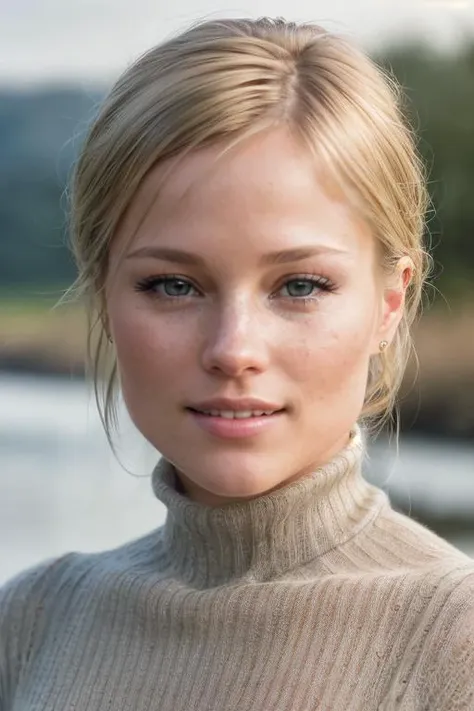 (((Head Portrait)) of Madden Deegan ((Wearing a turtleneck sweater)), ((Professional Photo Shoot)), ((out in the country next to a river)), ((smiling)), ((Real skin with Pores:1.2)), model shoot style, extremely intricate, High Detail, Sharp focus, dramatic, soft cinematic light, (looking at viewer), (Real Eyes), (Detailed Eye Corneas) (detailed pupils), smiling, 24mm, photo lab, elegant, insane details, hyperdetailed, low contrast, epiCRealism, (((SFW)))