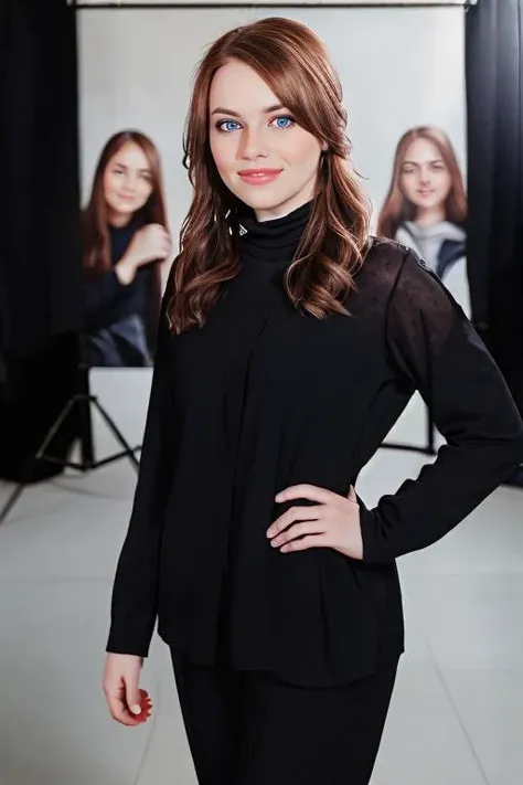 (((Closeup Head Portrait))), ((Wearing a turtleneck shirt and slacks)), ((Professional Photo Shoot)), ((in photographers studio)), model shoot style, extremely intricate, ((Blur the background)), High Detail, Sharp focus, dramatic, soft cinematic light, (looking at viewer), (Real Eyes), (Detailed Eye Corneas) (detailed pupils), smiling, 24mm, photo lab, elegant, insane details, hyperdetailed, low contrast,  (((SFW)))  <lora:Emma_Stone:0.85> emma