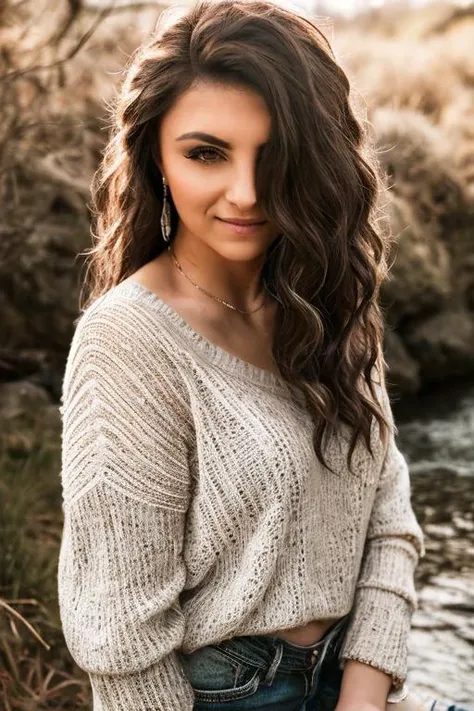 (((Close up head portrait))), ((Wearing a sweater)) and ((very distressed jeans)), ((Professional Photo Shoot)), ((in the country next to a river)), smiling, model shoot style, extremely intricate, High Detail, Sharp focus, dramatic, soft cinematic light, (looking at viewer), (Real Eyes), (Detailed Eye Corneas) (detailed pupils), smiling, 24mm, photo lab, elegant, insane details, hyperdetailed, low contrast, epiCRealism, (((SFW))) <lora:Chelsie_Deville:0.85> chelsie