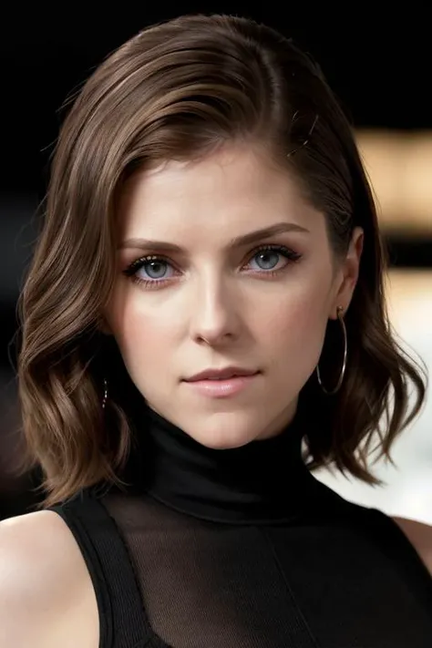 Anna Kendrick ((Wearing a turtleneck and distressed jeans)), ((at a night club)), model shoot style, extremely intricate, High Detail, Sharp focus, dramatic, soft cinematic light, (looking at viewer), (Real Eyes), (Detailed Eye Corneas) (detailed pupils), smiling, 24mm, photo lab, elegant, insane details, hyperdetailed, low contrast, epiCRealism, (((Safe For Work)))