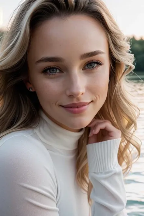 (((Head Portrait))) of Estelle Berglin-5000 ((Wearing a turtleneck and distressed jeans)), ((Professional Photo Shoot)), ((out in the country next to a river)), ((sitting on a bench next to a river)), ((Smiling)), ((Real skin with pores)), model shoot style, extremely intricate, High Detail, Sharp focus, dramatic, soft cinematic light, (looking at viewer), (Real Eyes), (Detailed Eye Corneas) (detailed pupils), smiling, 24mm, photo lab, elegant, insane details, hyperdetailed, low contrast, epiCRealism, (((Safe For Work)))