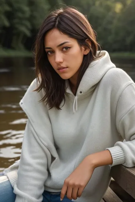 AllisonStokke ((Wearing a sweater and distressed jeans)), ((Professional Photo Shoot)), ((out in the country near a river)), ((sitting on a bench next to a river)), model shoot style, extremely intricate, High Detail, Sharp focus, dramatic, soft cinematic light, (looking at viewer), (Real Eyes), (Detailed Eye Corneas) (detailed pupils), smiling, 24mm, photo lab, elegant, insane details, hyperdetailed, low contrast, epiCRealism, (((SFW)))