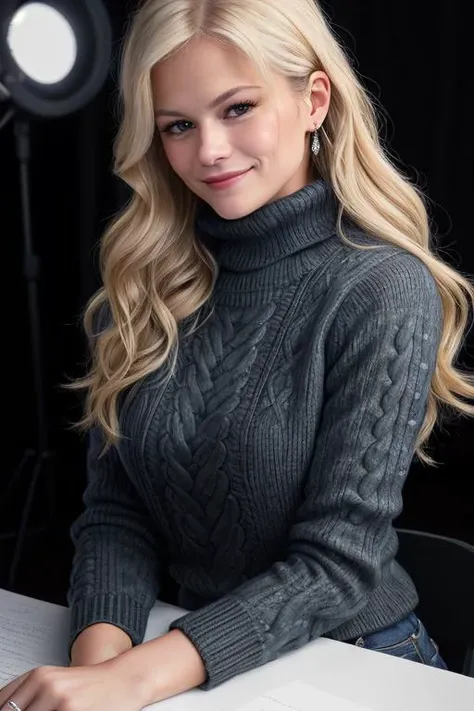DarciLynne ((Wearing a turtleneck sweater and distressed jeans)), Professional, ((singing on stage)), ((smiling)), model shoot style, extremely intricate, High Detail, Sharp focus, dramatic, soft cinematic light, (looking at viewer), (Real Eyes), (Detailed Eye Corneas) (detailed pupils), smiling, 24mm, photo lab, elegant, insane details, hyperdetailed, low contrast, epiCRealism, (((SFW)))