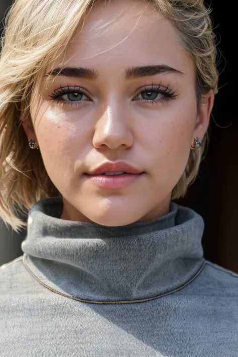 Miley, ((wearing a turtleneck and distressed jeans)), ((walking in the New York city)), extremely intricate, High Detail, Sharp focus, dramatic, soft cinematic light, ((Real skin with pores)), (looking at viewer), (Real Eyes), (Detailed Eye Corneas) (detailed pupils), smiling, photo lab, elegant, insane details, hyperdetailed, low contrast, epiCRealism, (((SFW)))