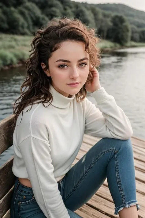 Megan Ciafre-3000 ((Wearing turtleneck shirt and distressed jeans)), ((Professional Photo Shoot)), ((out in the country next to a river)), ((sitting on a bench next to a river)), ((smiling)), ((Real skin with Pores:1.2)), model shoot style, extremely intricate, High Detail, Sharp focus, dramatic, soft cinematic light, (looking at viewer), (Real Eyes), (Detailed Eye Corneas) (detailed pupils), smiling, 24mm, photo lab, elegant, insane details, hyperdetailed, low contrast, epiCRealism, (((SFW))) Megan Ciafre-1500