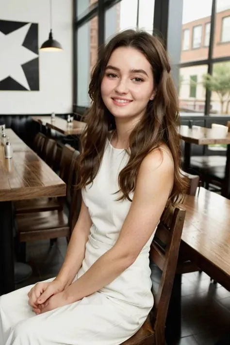 1/2 body view, sitting on a chair at a restaurant, smiling, photorealistic, crystal clear, real skin with pores, natural realistic photos, <lora:k41tlynd:0.8>
