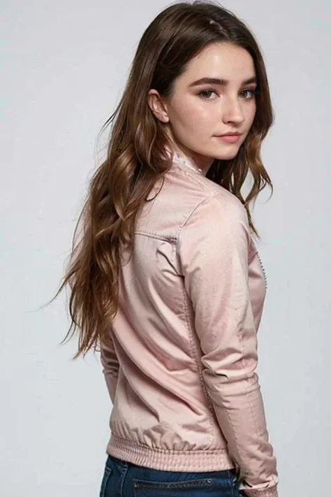 A woman in a pink jacket and jeans posing for a picture - SeaArt AI