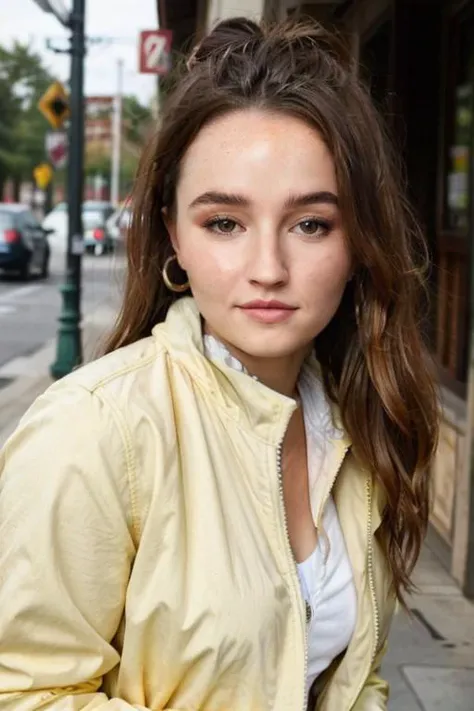 1/2 body view, hair in a bun, wearing a jacket, sitting at a outside restaurant , photorealistic, crystal clear, real skin with pores, natural realistic photos, <lora:k41tlynd:0.8>