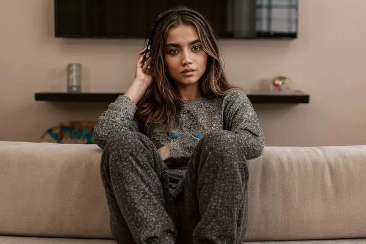 from a distance, Relaxing at home, Casual relaxing clothing, wearing baggy sweats, sitting on the couch playing video games, Real detailed face,  epiCRealism  <lora:more_details:1> <lora:Isabela_Merced:0.8>
