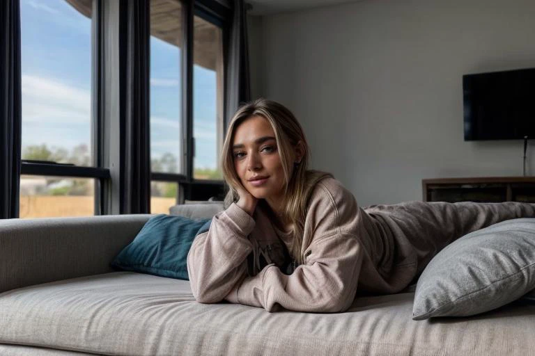 from a distance, Relaxing at home, Casual relaxing clothing, (wearing baggy sweats), sitting on the couch playing video games, Real detailed face, epiCRealism <lora:more_details:1> <lora:NatalieD:0.75>