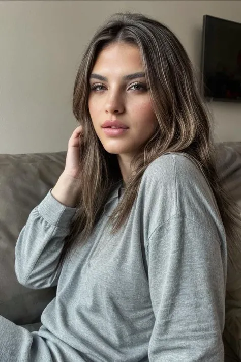 from a distance, Relaxing at home, Casual relaxing clothing, (wearing baggy sweats), ((sitting on the couch playing video games)), Real Skin with Pores, Real detailed face,  epiCRealism  <lora:more_details:1>  <lora:ChelsieD:0.75>