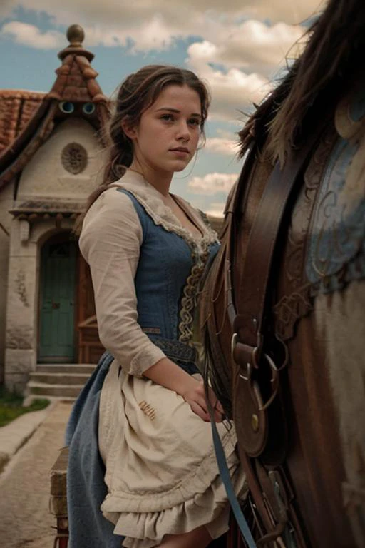 cinematic film still close-up photo of photograph of a 18 year old girl, , 1girl, (belle-bb:1.1) ,in a small village sitting on a Clydesdale horse, blue pesant outfit,single hair bun <lora:belle-bb-v1.0:1>. Detailed, intimate, clear, personal . shallow depth of field, vignette, highly detailed, high budget Hollywood movie, bokeh, cinemascope, moody, epic, gorgeous, film grain, grainy