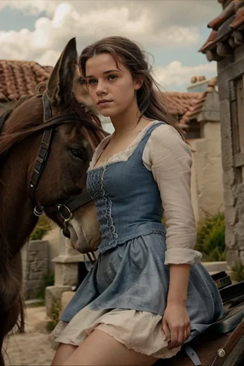 cinematic film still close-up photo of photograph of a 18 year old girl, teen, 1girl, (belle-bb:1.1) ,in a small village sitting on a Clydesdale horse, blue pesant outfit,single hair bun <lora:belle-bb-v1.0:1>. Detailed, intimate, clear, personal . shallow depth of field, vignette, highly detailed, high budget Hollywood movie, bokeh, cinemascope, moody, epic, gorgeous, film grain, grainy
