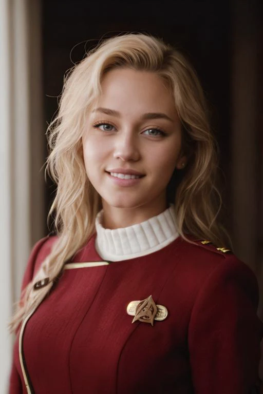 (((2/3 body view))), Miley, in a (((Red twokunf uniform:1.3))), ((blonde hair)), 8k raw, high res, ultrarealistic, hyperrealistic, soft lighting, good lighting, textured skin, photorealism, high details, DSLR photo, detailed face, detailed hair, skin pores, (looking at viewer), (Real Eyes), (Detailed Eye Corneas), (detailed pupils), ((smiling)), photo lab, elegant, insane details, hyperdetailed, low contrast, epiCRealism, Detailed and realistic photography, intricate and realistic eyes, shot outside, skin texture, soft natural lighting, magical photography, dramatic lighting, ultra-detailed, Kodak 800T, ((SFW))  <lora:TWOK_OC:0.75>