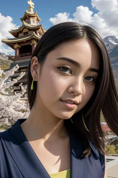 1girl, (designed by Hirohiko Araki:0.7) , studio Vector Art, epic Unreal Engine, mundane RAW photo, elegant, medium close-up shot of a Magical Flirty ("The Shrine":1.3) , Frustrated mountains in background, desolate blossoms with Ash, Fall, horizon-centered, Vivid, Awe, Modernism Art, waning light, Cinestill, Iphone X, 50mm, four colors, dark indigo and Lime green dust particles, pretty, Highres, High quality