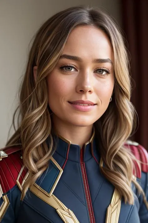 BrieL wearing (((Captain Marvel uniform))), (((Zoomed out))),  ((2/3 Body View)), model shoot style, 8k raw, high res, ultrarealistic, hyperrealistic, soft lighting, good lighting, textured skin, photorealism, DSLR photo, high details, detailed face, detailed hair, skin pores, (looking at viewer), (Real Eyes), (Detailed Eye Corneas), (detailed pupils), ((smiling)), photo lab, elegant, insane details, hyperdetailed, low contrast, epiCRealism, Detailed and realistic photography, intricate and realistic eyes, shot outside, skin texture, soft natural lighting, 85mm lens, magical photography, dramatic lighting, ultra-detailed, Kodak 800T, (((SFW)))