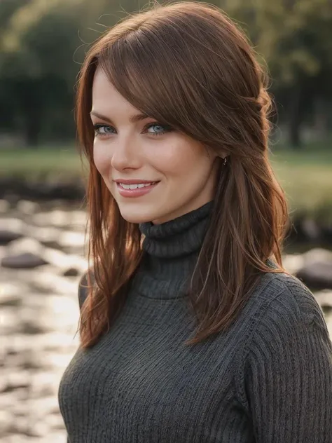<b3rr0b1> ((nature background)), close portrait photo, Spectacular light, 8k, soft lighting, high quality, breast, top, upper body, (Turtleneck), Turtleneck, smile, jeans, Colorful background, Colorful background