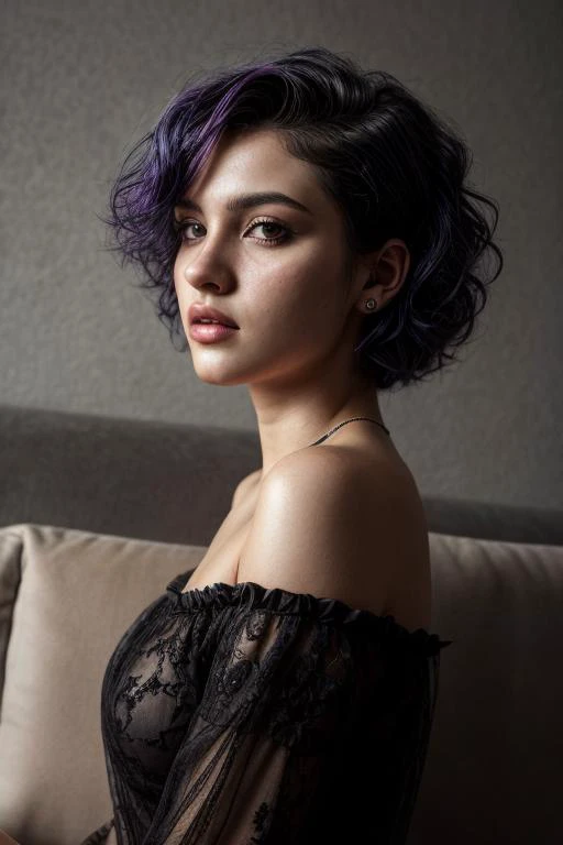 from a distance, 24 year old Goth Woman, Goth dark clothes, colorful hair, relaxing at home, ((sitting on the couch)), Real Skin with Pores, natural realistic photos, Real detailed face,  epiCRealism, (((SFW)))  <lora:more_details:1>