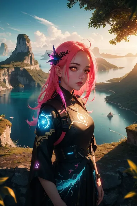 a woman with pink hair and a black outfit stands on a cliff overlooking a lake