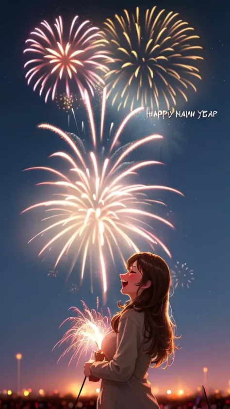 (best life like realistic, Ultra-HD) 1girl, happy new year moment with massive fireworks in the sky in background