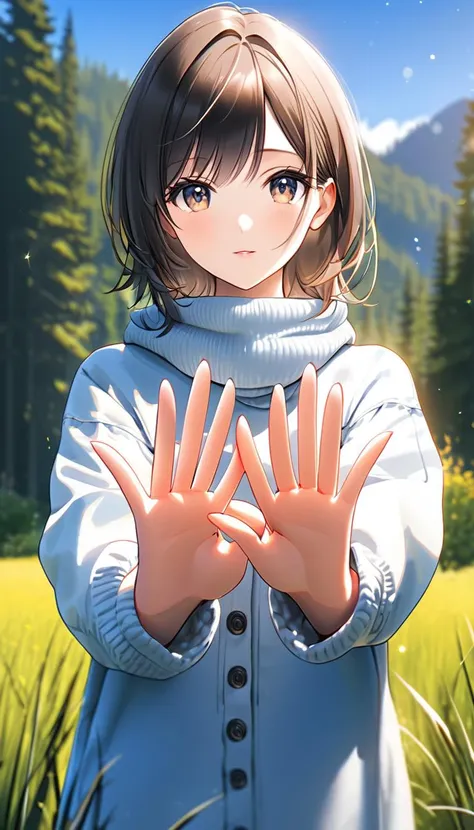 anime girl with hands up in front of her face in a field