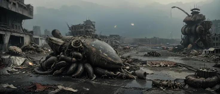cinematic film still cinematic photo cinematic film still DSLR Photo of mad max people looking up at a huge (robot resembling a cuttlefish with tentacles:1.6) in the middle of a big destroyed dystopian city, holding weapons being dismembered by the robots, descriptions of agitation from their feet, expressions of awe. By Henry Cavill, Chibi style.<lora:xl_more_art-full_v1:0.5> . Huge atomic explosion mushroom cloud in the far background. bleak, detailed, textural, artistic . shallow depth of field, vignette, highly detailed, high budget, bokeh, cinemascope, moody, epic, gorgeous, film grain, grainy, <lora:Blade_Runner_2049_Loha:0.71>villeneuve, atmosphere, <lora:bldr:0.5> bldr, building, , windows, rain, rooftop, flying, <lora:Chenorbyl_v1:0.41> chern4byl, USSR CCCP Soviet propaganda <lora:CCCP_XL_V1:0.51>, <lora:MJ52:0.61>, andscape depicting a post-apocalyptic world where nature or otherworldly beings have overpowered the remnants of civilization. Showcase desolate urban ruins or wastelands that narrate the fall of mighty empires. <lora:Apocalyptic:0.61> <lora:scifi-horror:0.61>, dead bodies, desolation . 35mm photograph, film, bokeh, professional, 4k, highly detailed . shallow depth of field, vignette, highly detailed, high budget Hollywood , bokeh, cinemascope, moody, epic, gorgeous, film grain, grainy