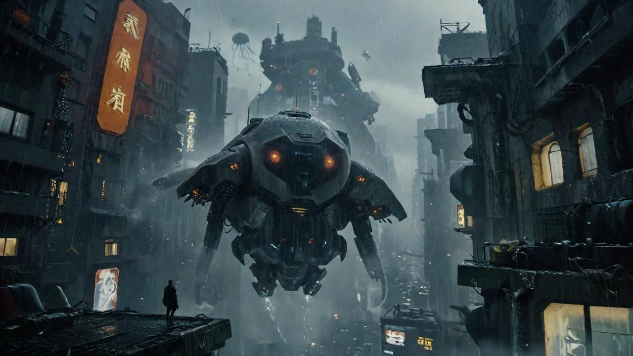 cinematic film still cinematic photo cinematic film still DSLR Photo of people looking up at a huge, grotesque robot resembling the shape of a cross between a squid and a jellyfish in the middle of a big city, holding weapons and attacking the robot, descriptions of agitation from their feet, expressions of awe. By Henry Cavill, Chibi style.<lora:xl_more_art-full_v1:0.5> . Vibrant, beautiful, painterly, detailed, textural, artistic . shallow depth of field, vignette, highly detailed, high budget, bokeh, cinemascope, moody, epic, gorgeous, film grain, grainy, <lora:Blade_Runner_2049_Loha:0.71>villeneuve, atmosphere, <lora:bldr:0.5> bldr, building, , windows, rain, rooftop, flying, <lora:Chenorbyl_v1:0.51> chern4byl, <lora:JJsCyberPunkCity_XL:0.81> cyberpunk city, USSR CCCP Soviet propaganda <lora:CCCP_XL_V1:0.71>, <lora:MJ52:0.61>, Japanese neon signs . 35mm photograph, film, bokeh, professional, 4k, highly detailed . shallow depth of field, vignette, highly detailed, high budget Hollywood movie, bokeh, cinemascope, moody, epic, gorgeous, film grain, grainy